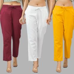 Combo of 3 Women Trouser Pants Cotton Flax Wine White and Yellow-11601