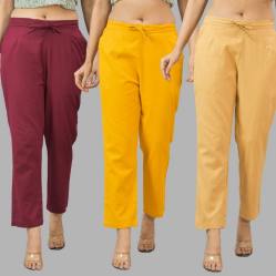 Combo of 3 Women Trouser Pants Cotton Flax Wine Yellow and Beige-11623