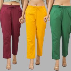 Combo of 3 Women Trouser Pants Cotton Flax Wine Yellow and Bottle Green-11629