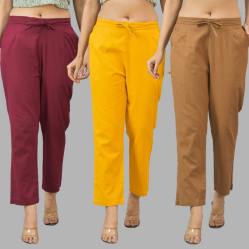 Combo of 3 Women Trouser Pants Cotton Flax Wine Yellow and Brown-11624
