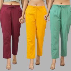 Combo of 3 Women Trouser Pants Cotton Flax Wine Yellow and Green-11626
