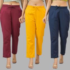 Combo of 3 Women Trouser Pants Cotton Flax Wine Yellow and Navy Blue-11625