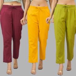 Combo of 3 Women Trouser Pants Cotton Flax Wine Yellow and Olive Green-11628