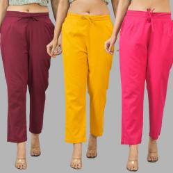Combo of 3 Women Trouser Pants Cotton Flax Wine Yellow and Pink-11622
