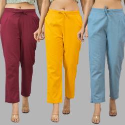 Combo of 3 Women Trouser Pants Cotton Flax Wine Yellow and Sky Blue-11621
