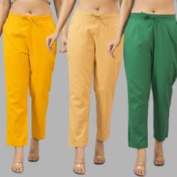 Combo of 3 Women Trouser Pants Cotton Flax Yellow Beige and Bottle Green-11786