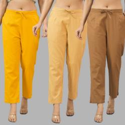 Combo of 3 Women Trouser Pants Cotton Flax Yellow Beige and Brown-11781