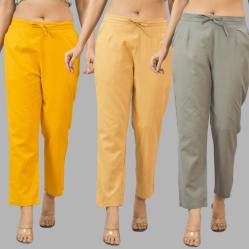 Combo of 3 Women Trouser Pants Cotton Flax Yellow Beige and Gray-11784