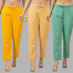 Combo of 3 Women Trouser Pants Cotton Flax Yellow Beige and Green-11783