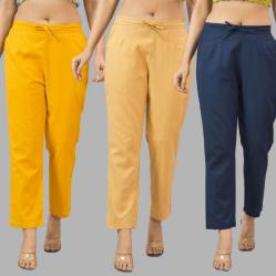 Combo of 3 Women Trouser Pants Cotton Flax Yellow Beige and Navy Blue-11782