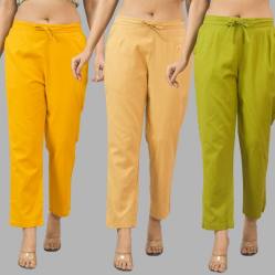 Combo of 3 Women Trouser Pants Cotton Flax Yellow Beige and Olive Green-11785