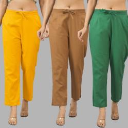 Combo of 3 Women Trouser Pants Cotton Flax Yellow Brown and Bottle Green-11791