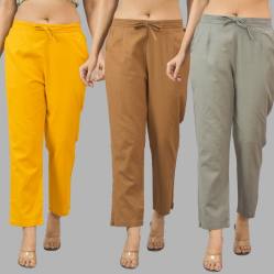 Combo of 3 Women Trouser Pants Cotton Flax Yellow Brown and Gray-11789