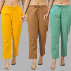 Combo of 3 Women Trouser Pants Cotton Flax Yellow Brown and Green-11788