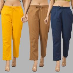 Combo of 3 Women Trouser Pants Cotton Flax Yellow Brown and Navy Blue-11787