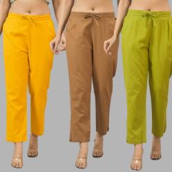 Combo of 3 Women Trouser Pants Cotton Flax Yellow Brown and Olive Green-11790