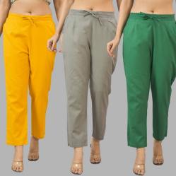 Combo of 3 Women Trouser Pants Cotton Flax Yellow Gray and Bottle Green-11800