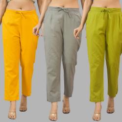 Combo of 3 Women Trouser Pants Cotton Flax Yellow Gray and Olive Green-11799