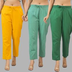 Combo of 3 Women Trouser Pants Cotton Flax Yellow Green and Bottle Green-11798