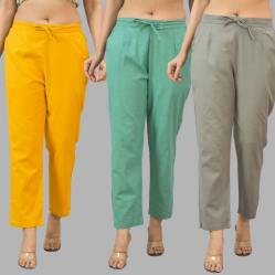 Combo of 3 Women Trouser Pants Cotton Flax Yellow Green and Gray-11796