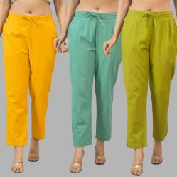 Combo of 3 Women Trouser Pants Cotton Flax Yellow Green and Olive Green-11797