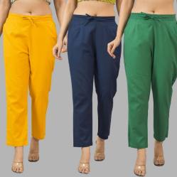 Combo of 3 Women Trouser Pants Cotton Flax Yellow Navy Blue and Bottle Green-11795