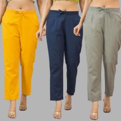 Combo of 3 Women Trouser Pants Cotton Flax Yellow Navy Blue and Gray-11793