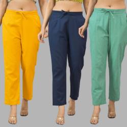 Combo of 3 Women Trouser Pants Cotton Flax Yellow Navy Blue and Green-11792