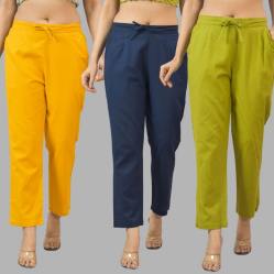 Combo of 3 Women Trouser Pants Cotton Flax Yellow Navy Blue and Olive Green-11794
