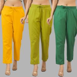 Combo of 3 Women Trouser Pants Cotton Flax Yellow Olive Green and Bottle Green-11801