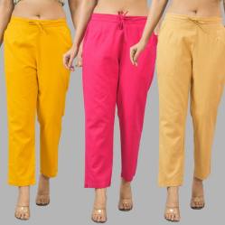Combo of 3 Women Trouser Pants Cotton Flax Yellow Pink and Beige-11774