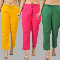 Combo of 3 Women Trouser Pants Cotton Flax Yellow Pink and Bottle Green-11780