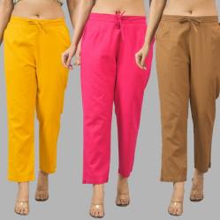 Combo of 3 Women Trouser Pants Cotton Flax Yellow Pink and Brown-11775
