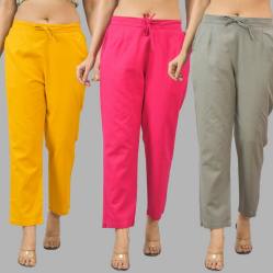 Combo of 3 Women Trouser Pants Cotton Flax Yellow Pink and Gray-11778