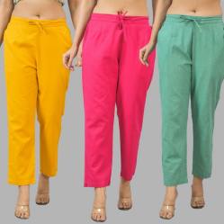 Combo of 3 Women Trouser Pants Cotton Flax Yellow Pink and Green-11777