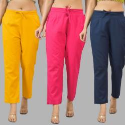 Combo of 3 Women Trouser Pants Cotton Flax Yellow Pink and Navy Blue-11776