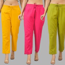 Combo of 3 Women Trouser Pants Cotton Flax Yellow Pink and Olive Green-11779