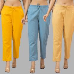 Combo of 3 Women Trouser Pants Cotton Flax Yellow Sky Blue and Beige-11767