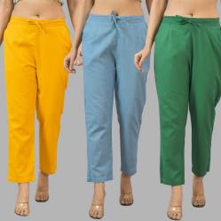 Combo of 3 Women Trouser Pants Cotton Flax Yellow Sky Blue and Bottle Green-11773