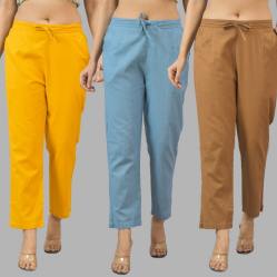 Combo of 3 Women Trouser Pants Cotton Flax Yellow Sky Blue and Brown-11768