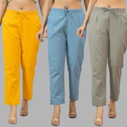 Combo of 3 Women Trouser Pants Cotton Flax Yellow Sky Blue and Gray-11771