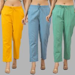 Combo of 3 Women Trouser Pants Cotton Flax Yellow Sky Blue and Green-11770