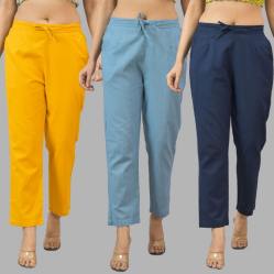 Combo of 3 Women Trouser Pants Cotton Flax Yellow Sky Blue and Navy Blue-11769