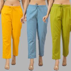 Combo of 3 Women Trouser Pants Cotton Flax Yellow Sky Blue and Olive Green-11772