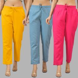 Combo of 3 Women Trouser Pants Cotton Flax Yellow Sky Blue and Pink-11766