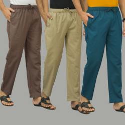 Combo of 3 Wood Brown Beige and Blue Cotton Men Pants-46029