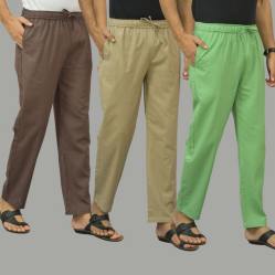 Combo of 3 Wood Brown Beige and Parrot Green Cotton Men Pants-46028