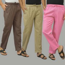 Combo of 3 Wood Brown Beige and Pink Cotton Men Pants-46030