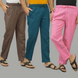 Combo of 3 Wood Brown Blue and Pink Cotton Men Pants-46033