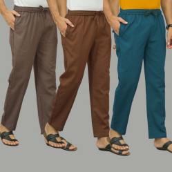 Combo of 3 Wood Brown Coffee Brown and Blue Cotton Men Pants-46022